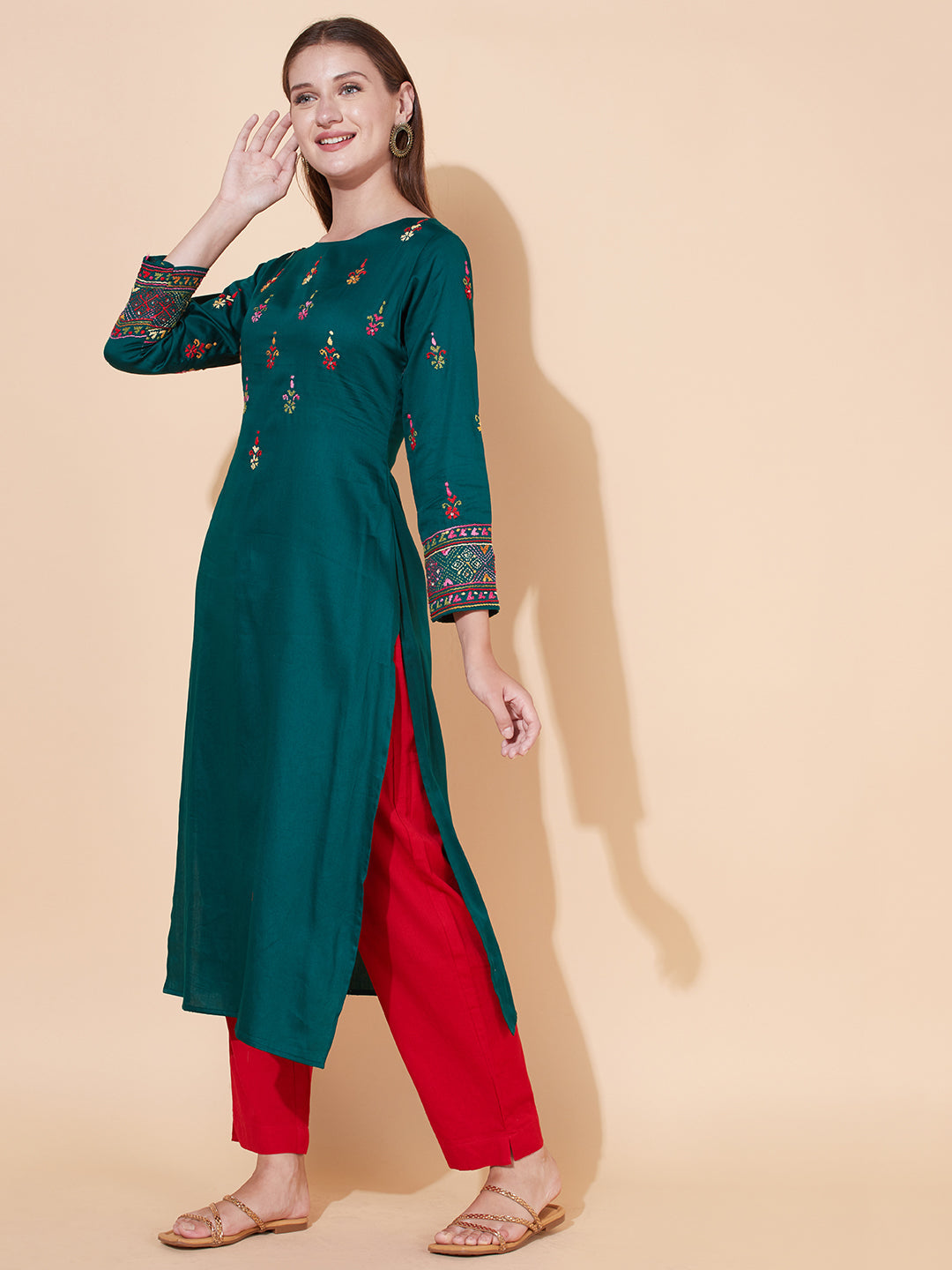 Ethnic Hand Embroidered Straight Fit Kurta - Dark Green