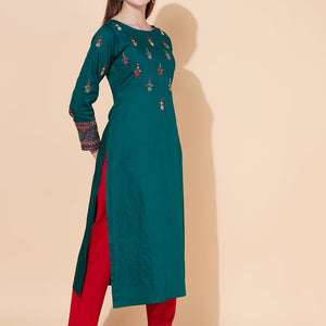 Ethnic Hand Embroidered Straight Fit Kurta - Dark Green
