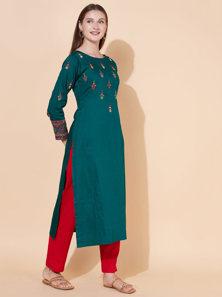 Ethnic Hand Embroidered Straight Fit Kurta - Dark Green