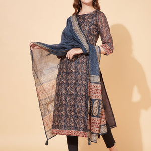 Floral Printed & Hand Embroidered Straight Kurta with Dupatta - Stone Gray