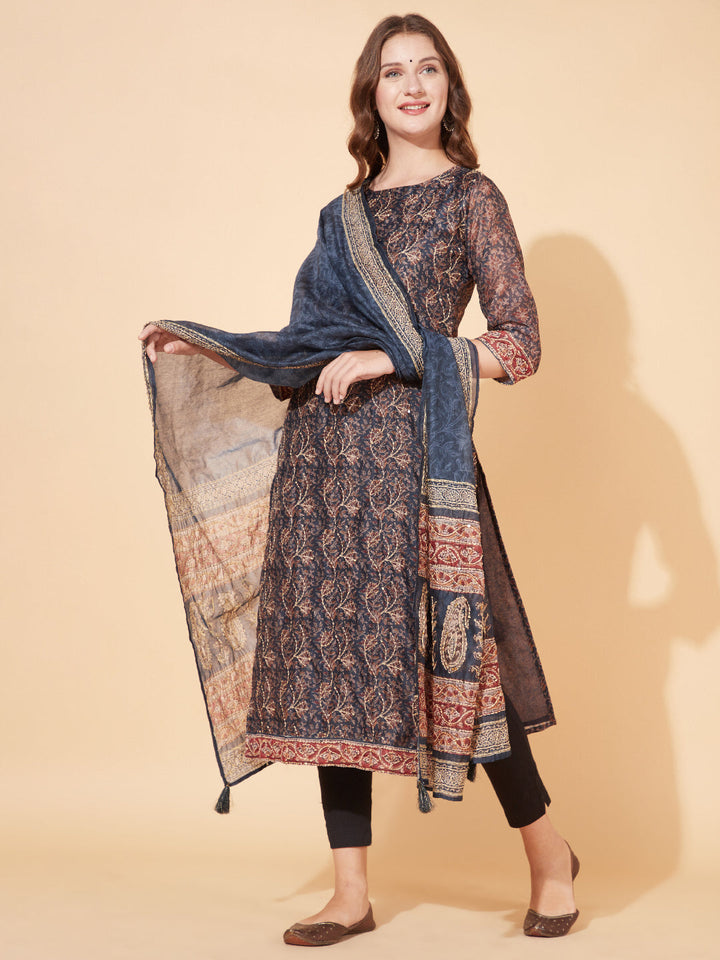 Floral Printed & Hand Embroidered Straight Kurta with Dupatta - Stone Gray