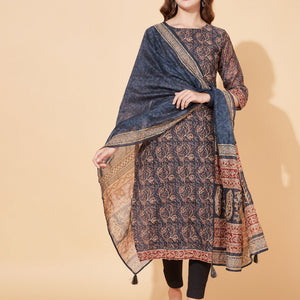 Floral Printed & Hand Embroidered Straight Kurta with Dupatta - Stone Gray