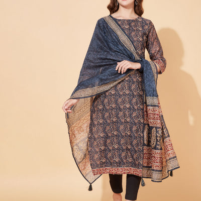 Floral Printed & Hand Embroidered Straight Kurta with Dupatta - Stone Gray
