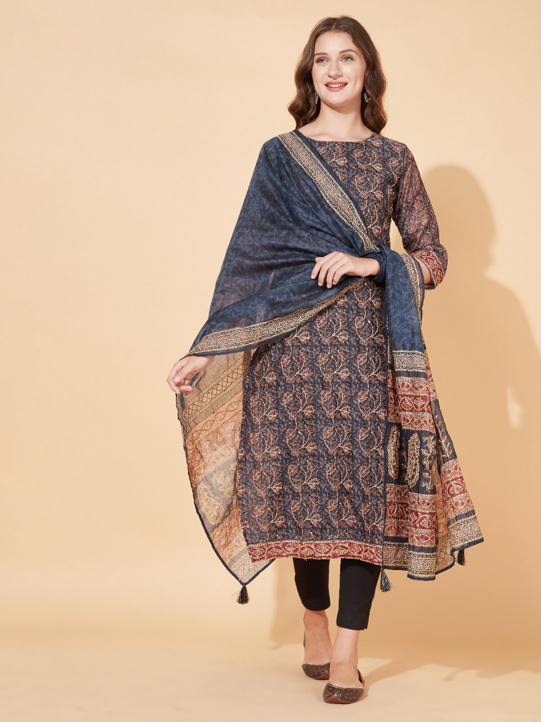 Floral Printed & Hand Embroidered Straight Kurta with Dupatta - Stone Gray