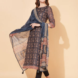 Floral Printed & Hand Embroidered Straight Kurta with Dupatta - Stone Gray