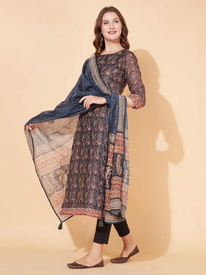 Floral Printed & Hand Embroidered Straight Kurta with Dupatta - Stone Gray