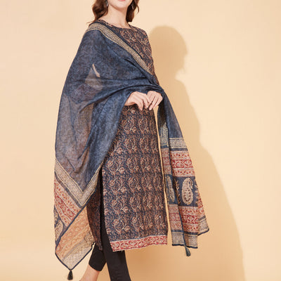 Floral Printed & Hand Embroidered Straight Kurta with Dupatta - Stone Gray