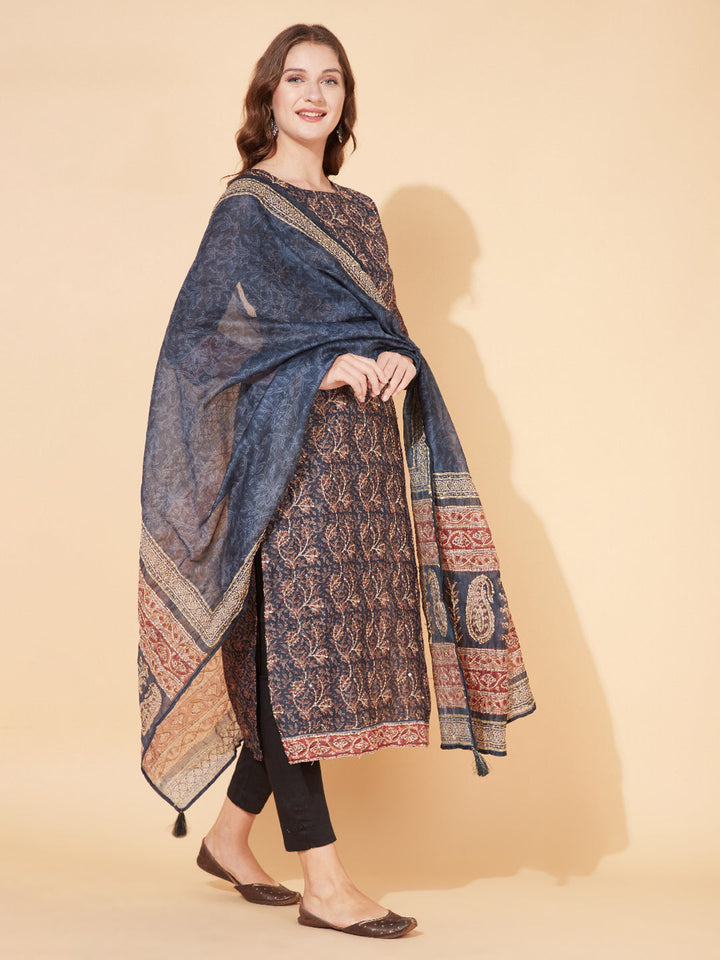 Floral Printed & Hand Embroidered Straight Kurta with Dupatta - Stone Gray