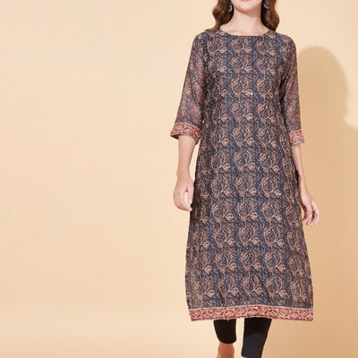 Floral Printed & Hand Embroidered Straight Kurta with Dupatta - Stone Gray