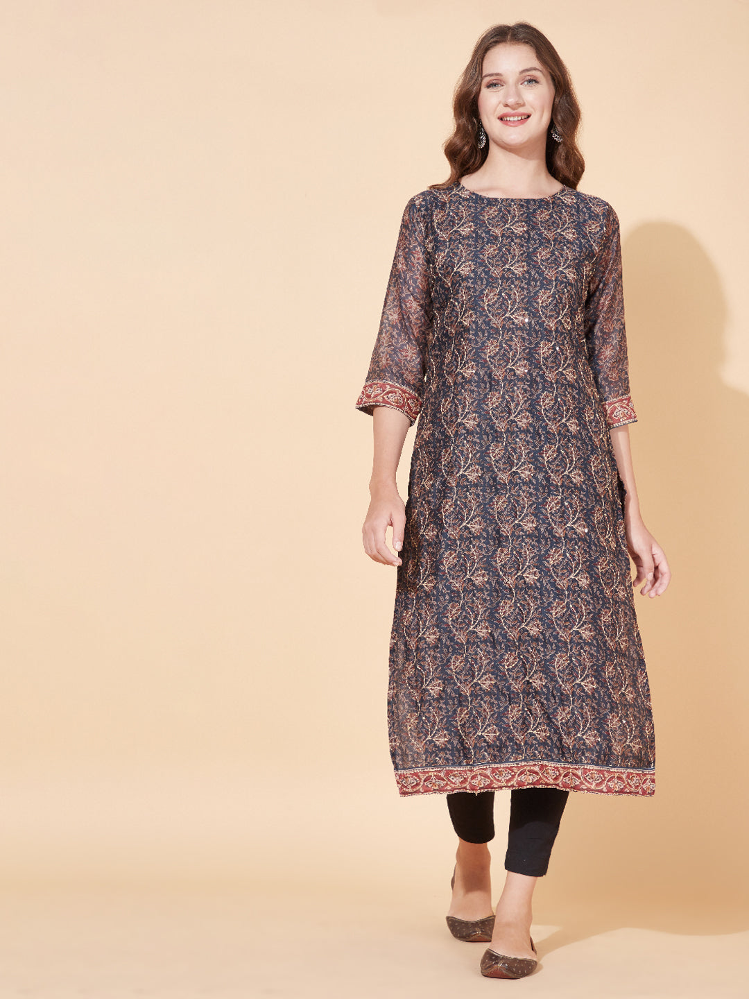 Floral Printed & Hand Embroidered Straight Kurta with Dupatta - Stone Gray