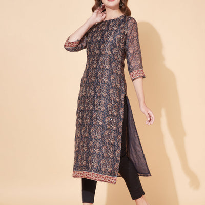 Floral Printed & Hand Embroidered Straight Kurta with Dupatta - Stone Gray