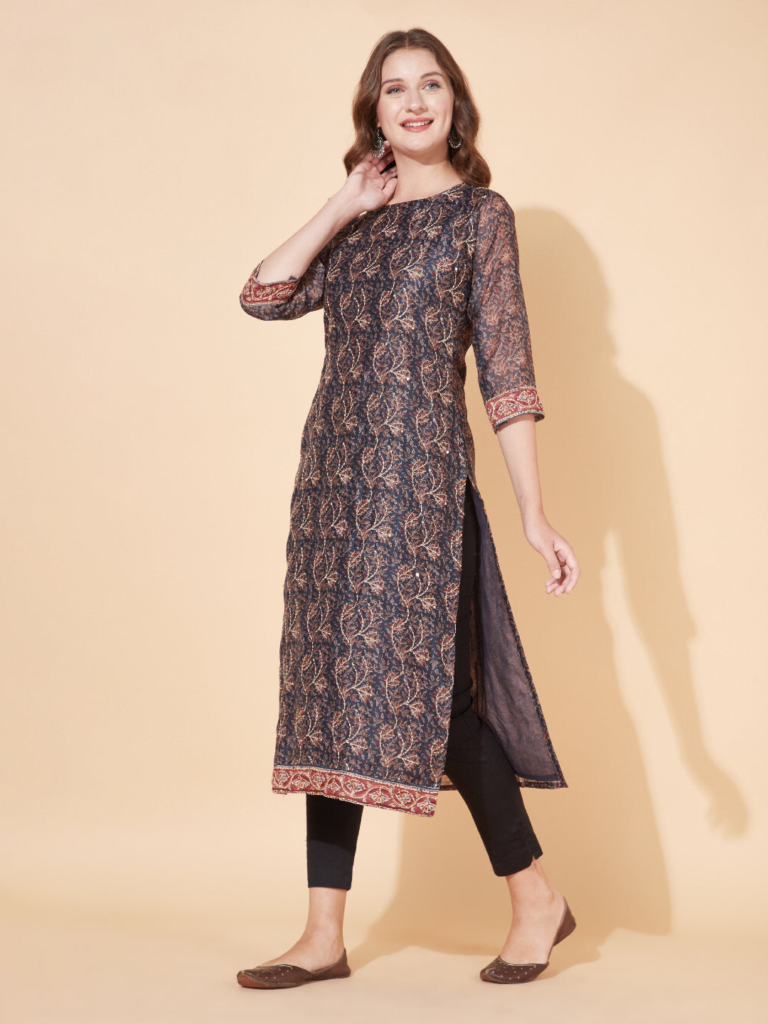 Floral Printed & Hand Embroidered Straight Kurta with Dupatta - Stone Gray