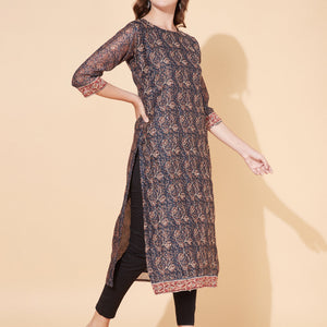 Floral Printed & Hand Embroidered Straight Kurta with Dupatta - Stone Gray