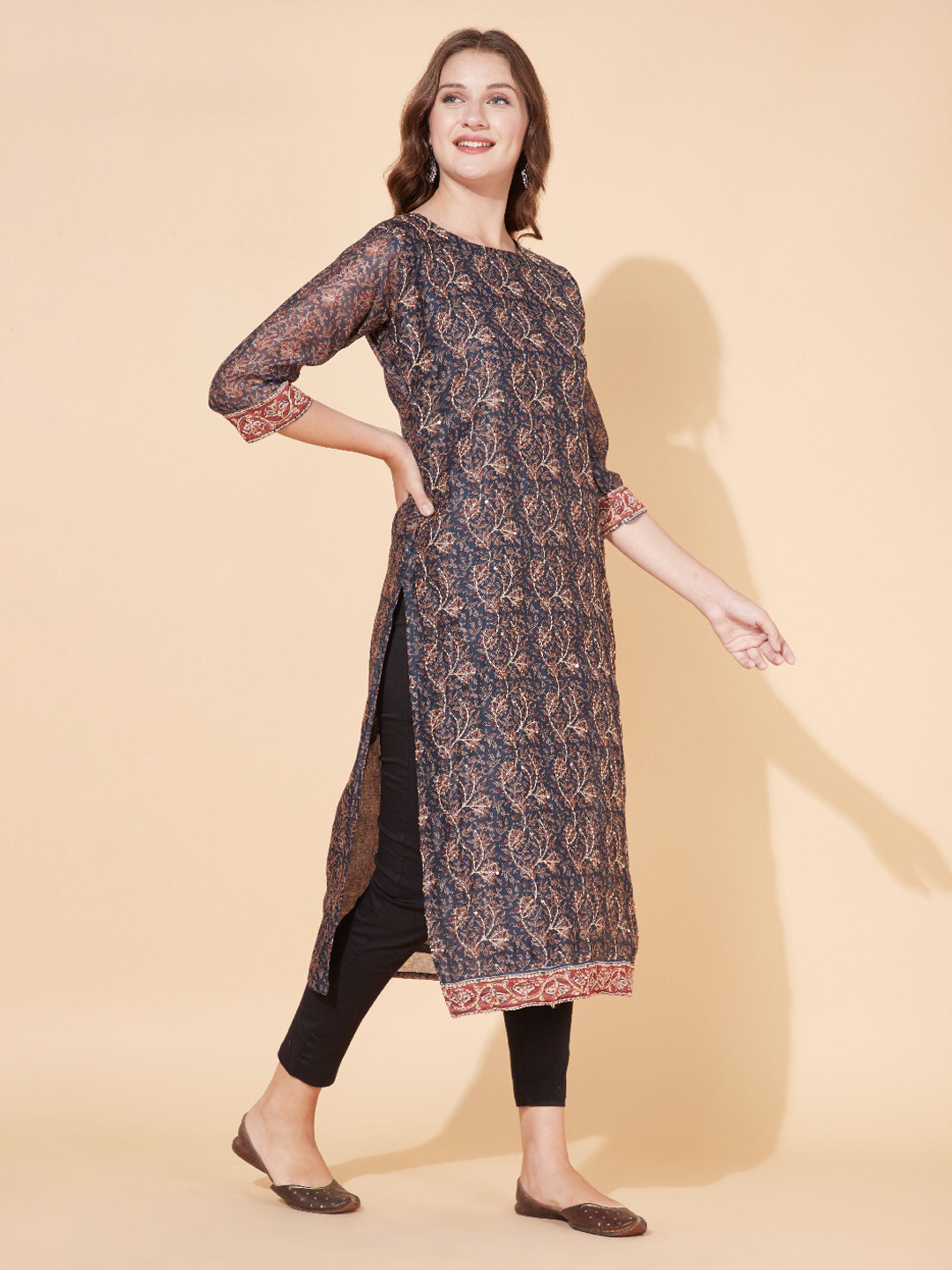 Floral Printed & Hand Embroidered Straight Kurta with Dupatta - Stone Gray