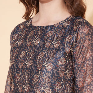 Floral Printed & Hand Embroidered Straight Kurta with Dupatta - Stone Gray
