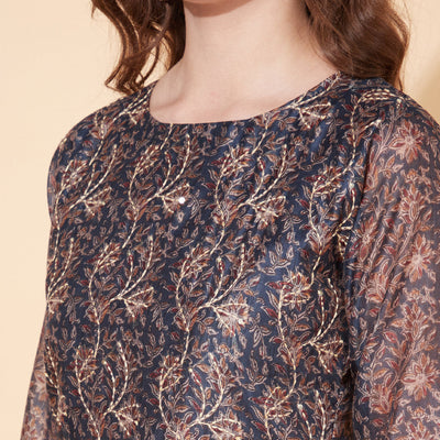 Floral Printed & Hand Embroidered Straight Kurta with Dupatta - Stone Gray