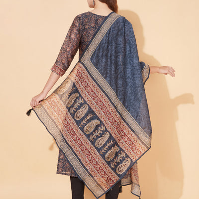 Floral Printed & Hand Embroidered Straight Kurta with Dupatta - Stone Gray