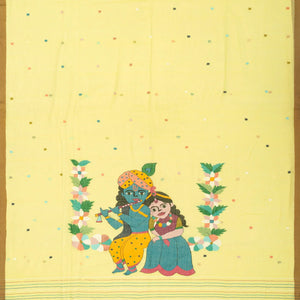 Yellow Handloom Bengal Cotton Saree With Radha Krishna In a Floral Swing Pallu design