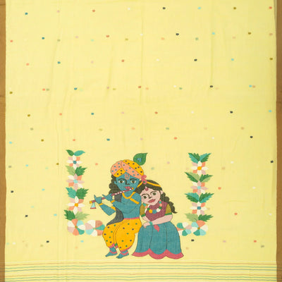 Yellow Handloom Bengal Cotton Saree With Radha Krishna In a Floral Swing Pallu design