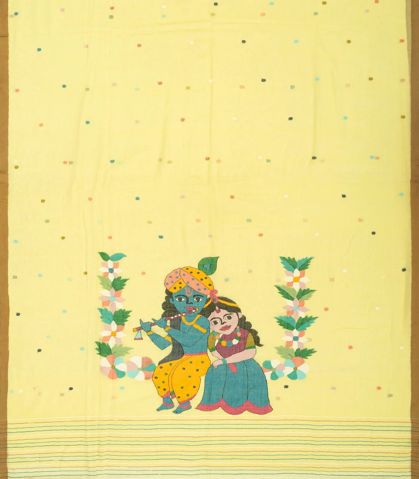 Yellow Handloom Bengal Cotton Saree With Radha Krishna In a Floral Swing Pallu design
