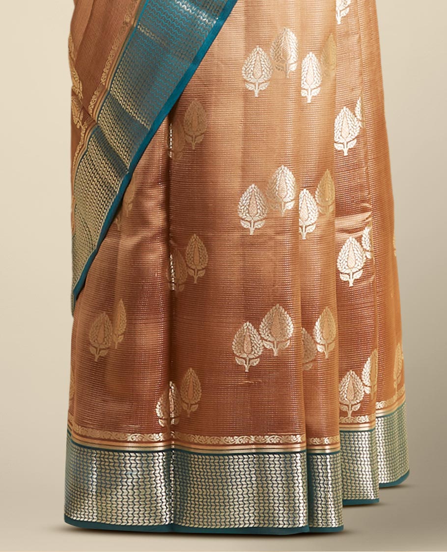 Multi-color jaal Mysore silk saree with zari design, contrast traditional zari border of floral enclosed paisleys