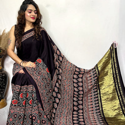 Modal fine Silk Hand Blocked Ajrakh work Saree