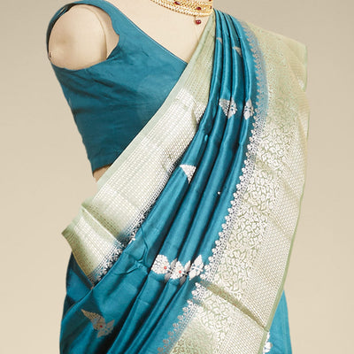 Blue  floral motifs dupion silk saree with contrast zari border