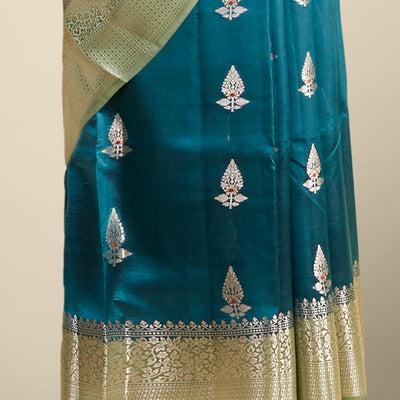 Blue  floral motifs dupion silk saree with contrast zari border