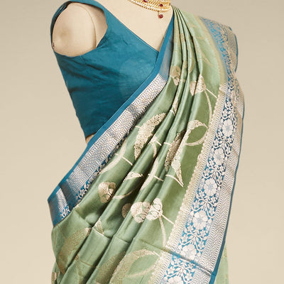 Green  floral vine zari design dupion with contrast inricate zari design border