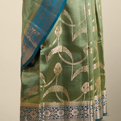 Green  floral vine zari design dupion with contrast inricate zari design border