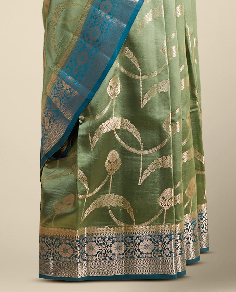 Green  floral vine zari design dupion with contrast inricate zari design border