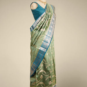 Green  floral vine zari design dupion with contrast inricate zari design border