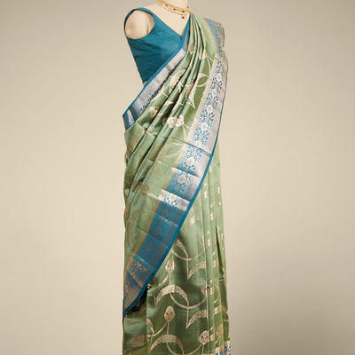Green  floral vine zari design dupion with contrast inricate zari design border