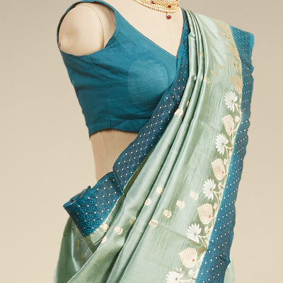 Green  floral motifs dupion silk saree with contrast zari border