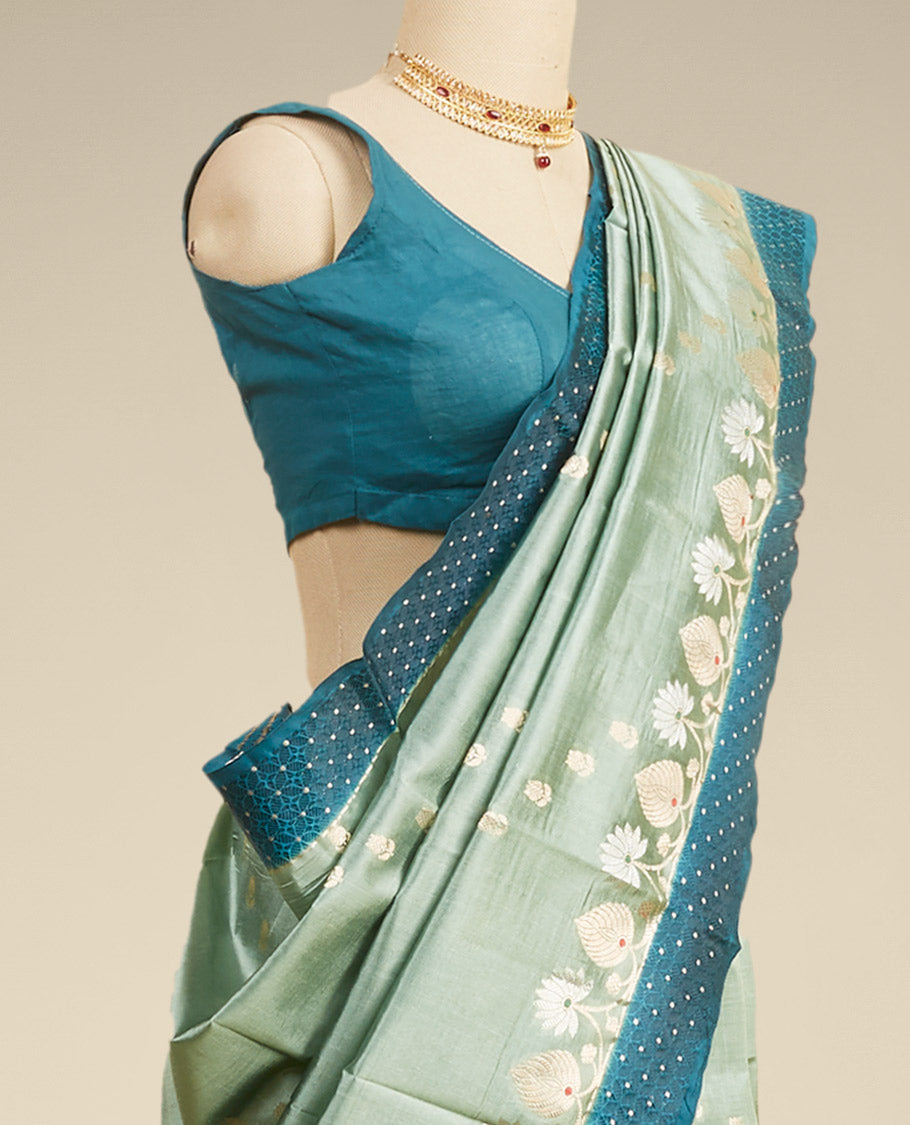Green  floral motifs dupion silk saree with contrast zari border