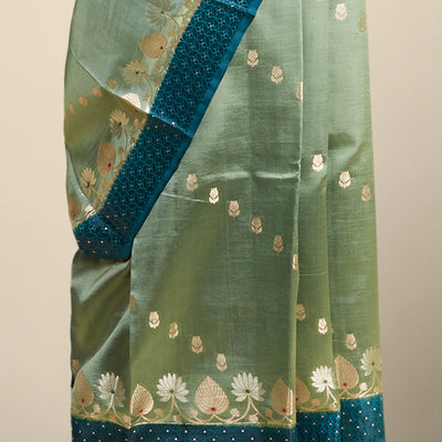 Green  floral motifs dupion silk saree with contrast zari border