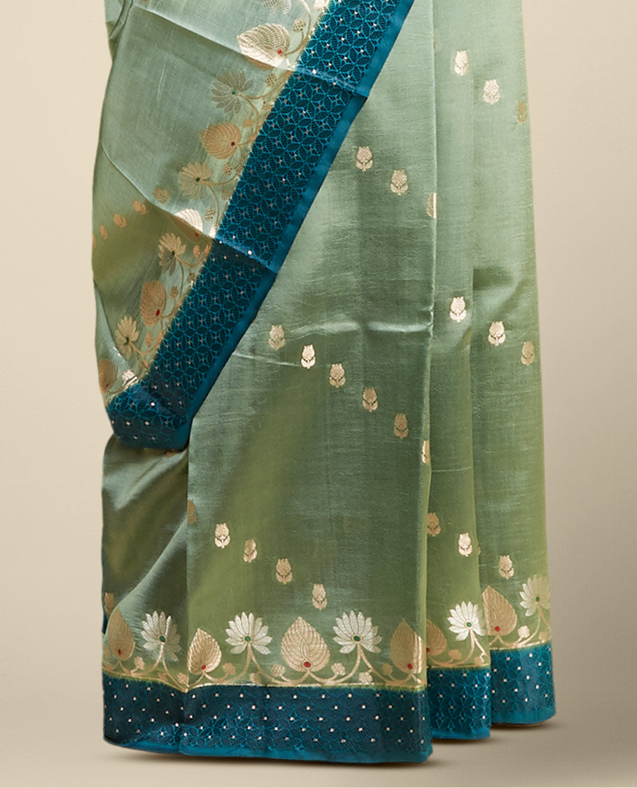 Green  floral motifs dupion silk saree with contrast zari border