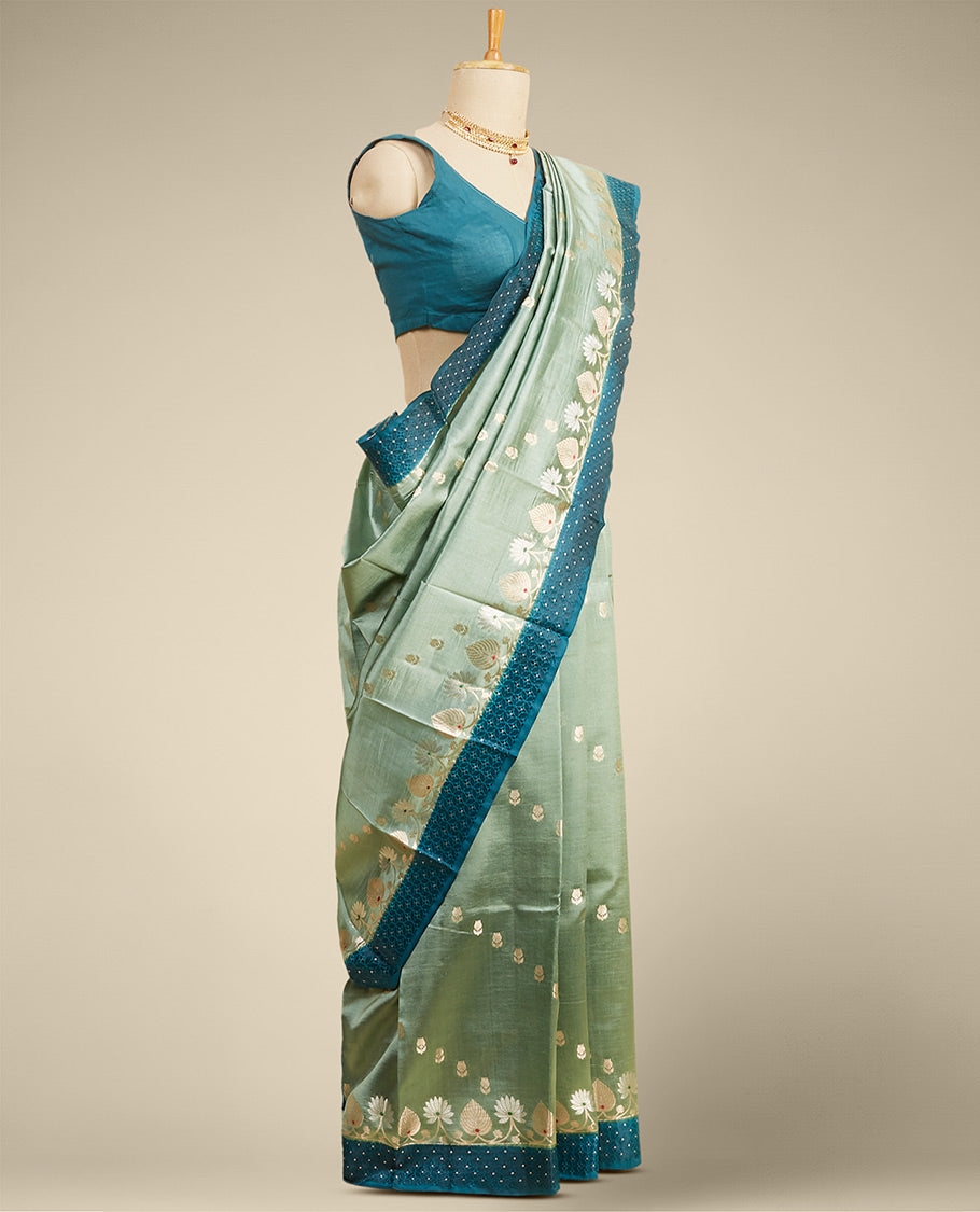 Green  floral motifs dupion silk saree with contrast zari border