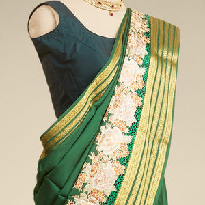 Green mysore silk saree with floral embroidery & self zari design border