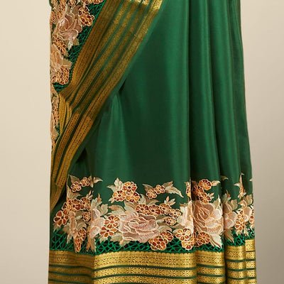 Green mysore silk saree with floral embroidery & self zari design border