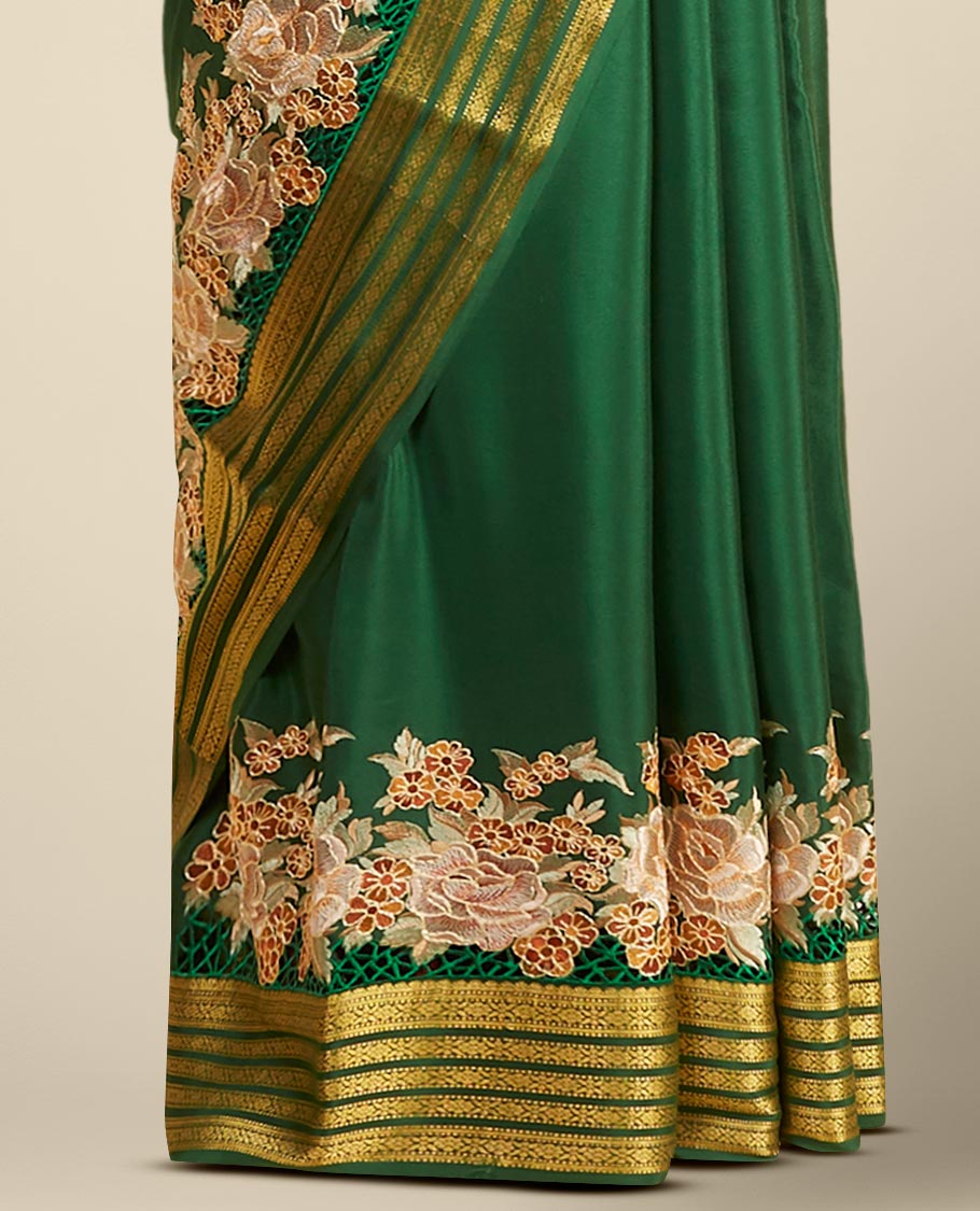 Green mysore silk saree with floral embroidery & self zari design border