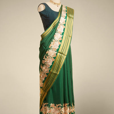 Green mysore silk saree with floral embroidery & self zari design border