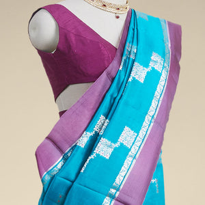 Blue geometric motifs dupion silk saree with contrast plain border