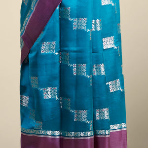 Blue geometric motifs dupion silk saree with contrast plain border
