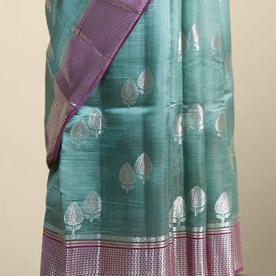 Green  floral motifs dupion silk saree with contrast intricate zari design border