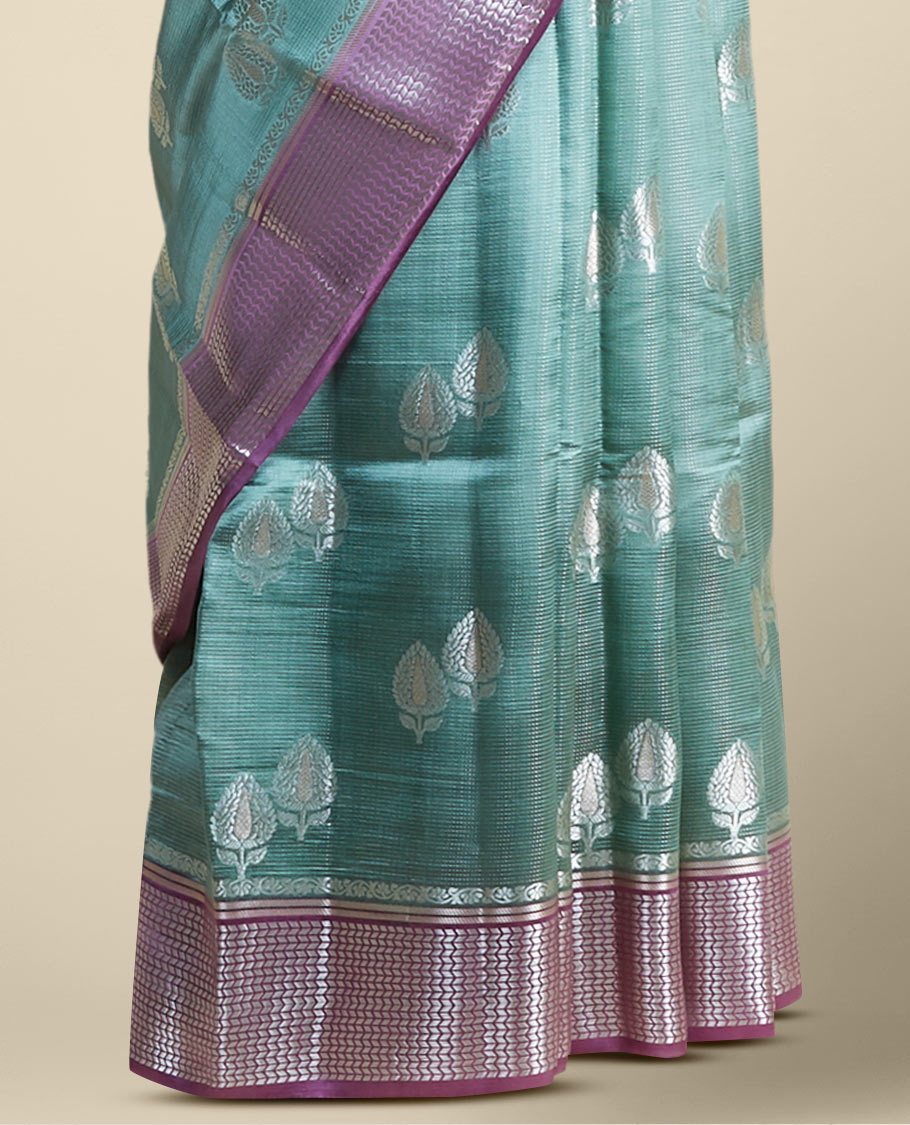 Green  floral motifs dupion silk saree with contrast intricate zari design border