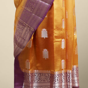 Yellow  floral motifs dupion silk saree with contrast intricate zari design border