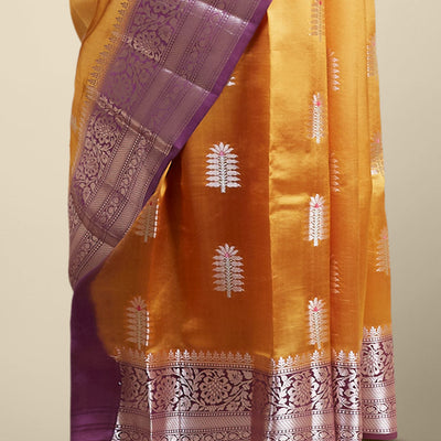 Yellow  floral motifs dupion silk saree with contrast intricate zari design border