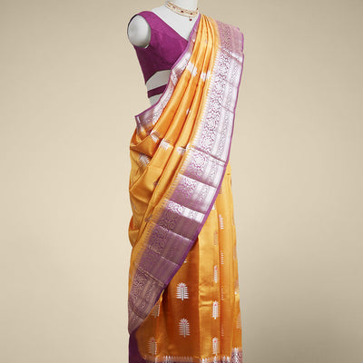 Yellow  floral motifs dupion silk saree with contrast intricate zari design border