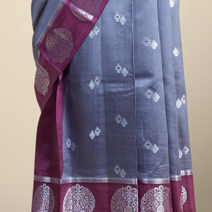 Grey  floral motifs dupion silk saree with contrast round floral motifs zari border Note: slight colour variation of product images due to digital photography or settings on your device